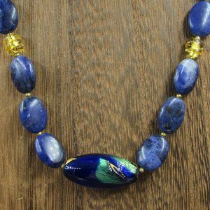 16" Sterling Silver Lapis Lazuli Stone & Glass Necklace Vintage